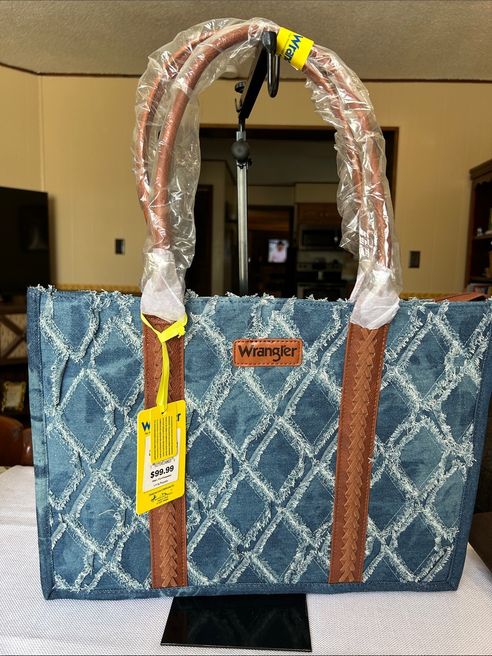 Wrangler Blue Distressed Denim Tote with Brown Strap Accents
